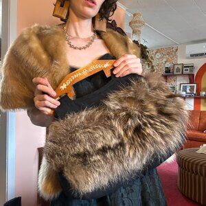 1930s OLD MONEY Silver Fox fur silk lined hand bag with hand painted wood handle